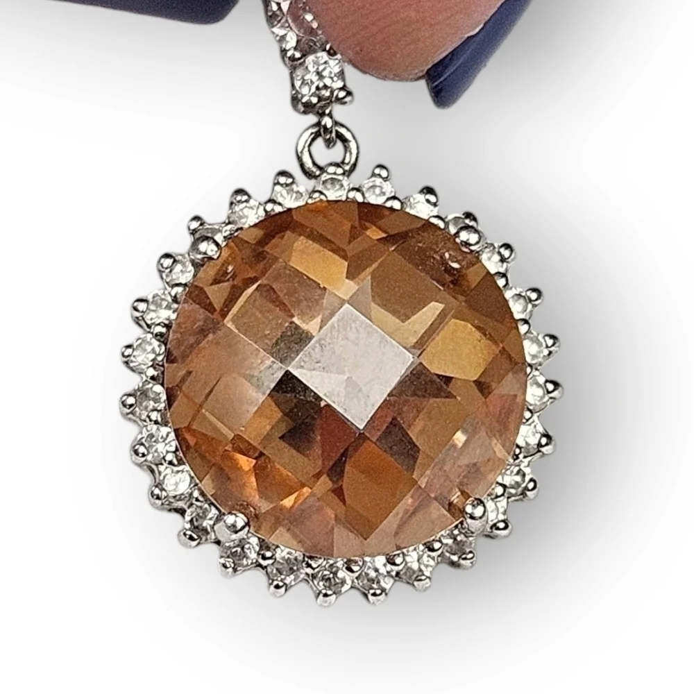 Sterling CZ Halo Pendant Faceted Amber Glass Pave White 925 Silver Drop 1 1/8